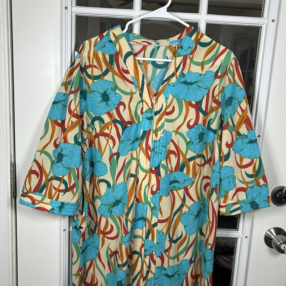 Vintage Sears Take-a-Long Dressing Gown 60s 70s‎ House Coat Turquoise Floral S/M